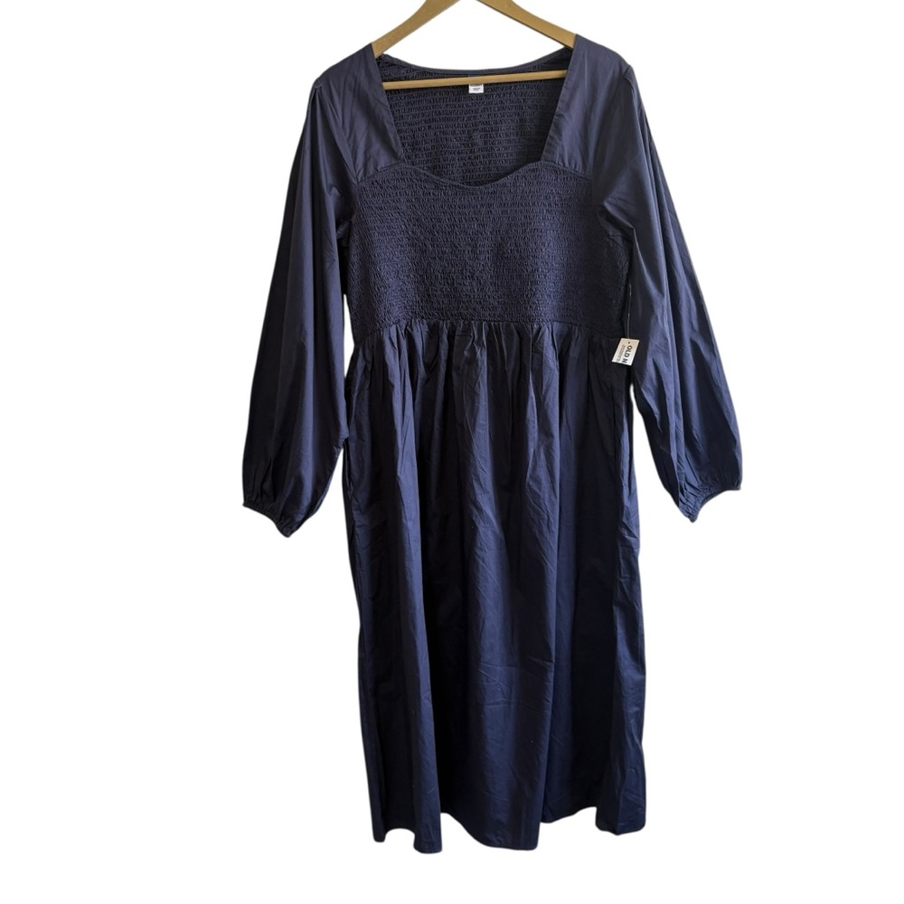 NEW Old Navy Size XL Navy Blue Smocked Balloon Sleeve Fit N Flare Midi Dress